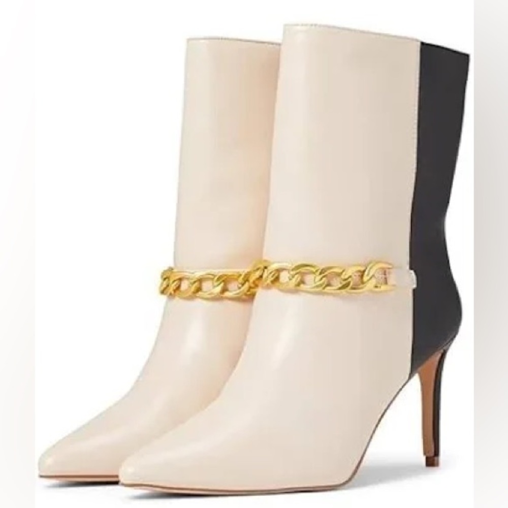 Chinese Laundry Cream and Black Heeled Boots with Gold Chain
